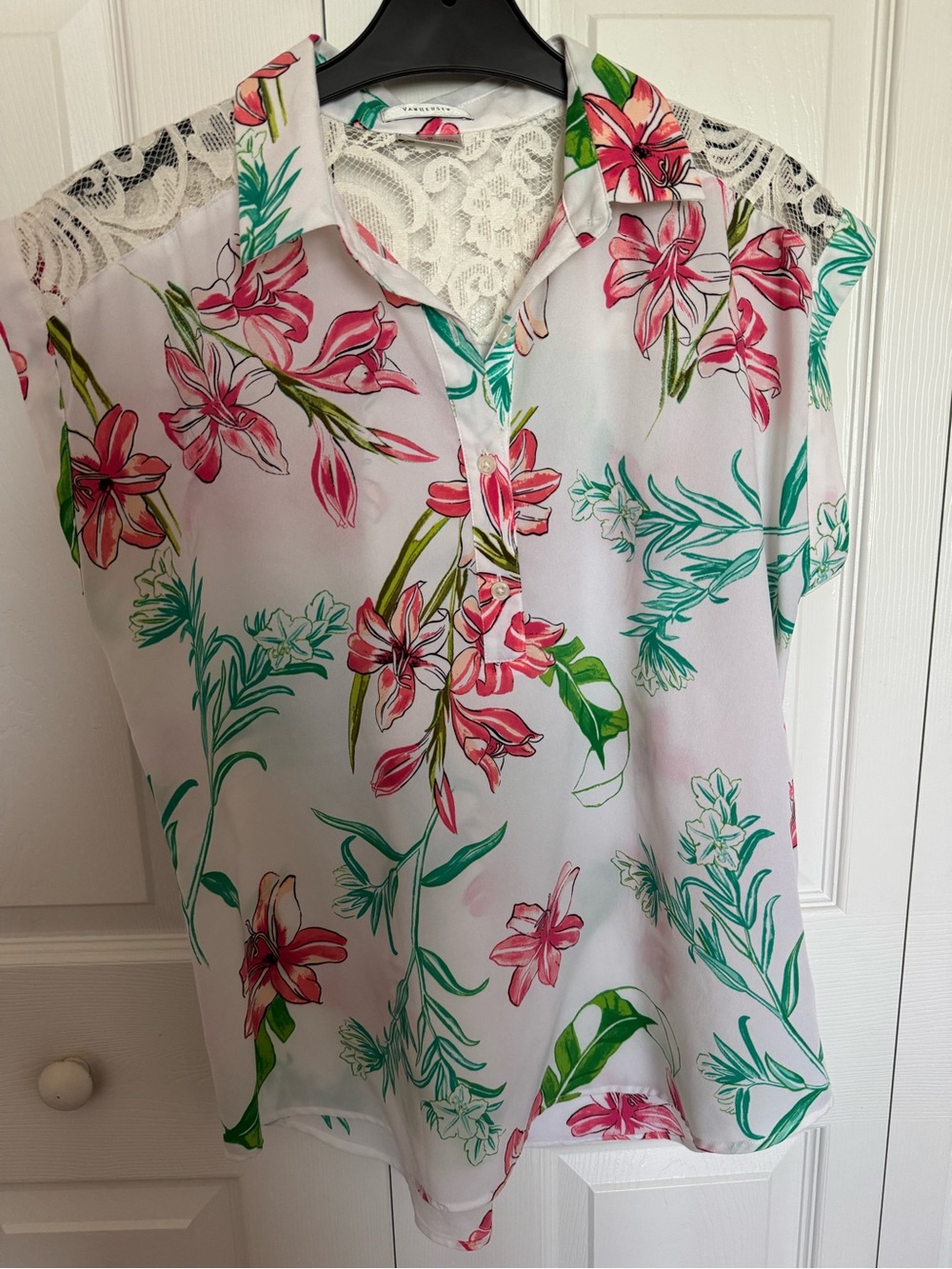 Van Heusen Floral Lace-Back Button V-Neck Blouse — Pink & Green blouse